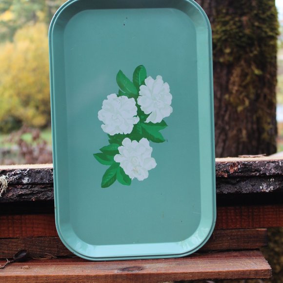 Vintage Tin Litho Serving TV Tray, Jade, Mint, Green, Camellia Blossom Design - Picture 5 of 14
